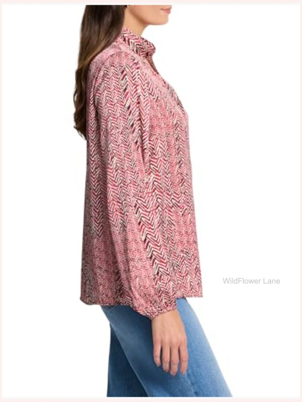 Printed Woven Pullover Blouse Long Sleeve Blouse Top Herringbone - Picture 2 of 5
